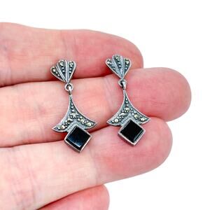 Vintage Sterling Silver 925 Marcasite Black Onyx Dangle Earrings